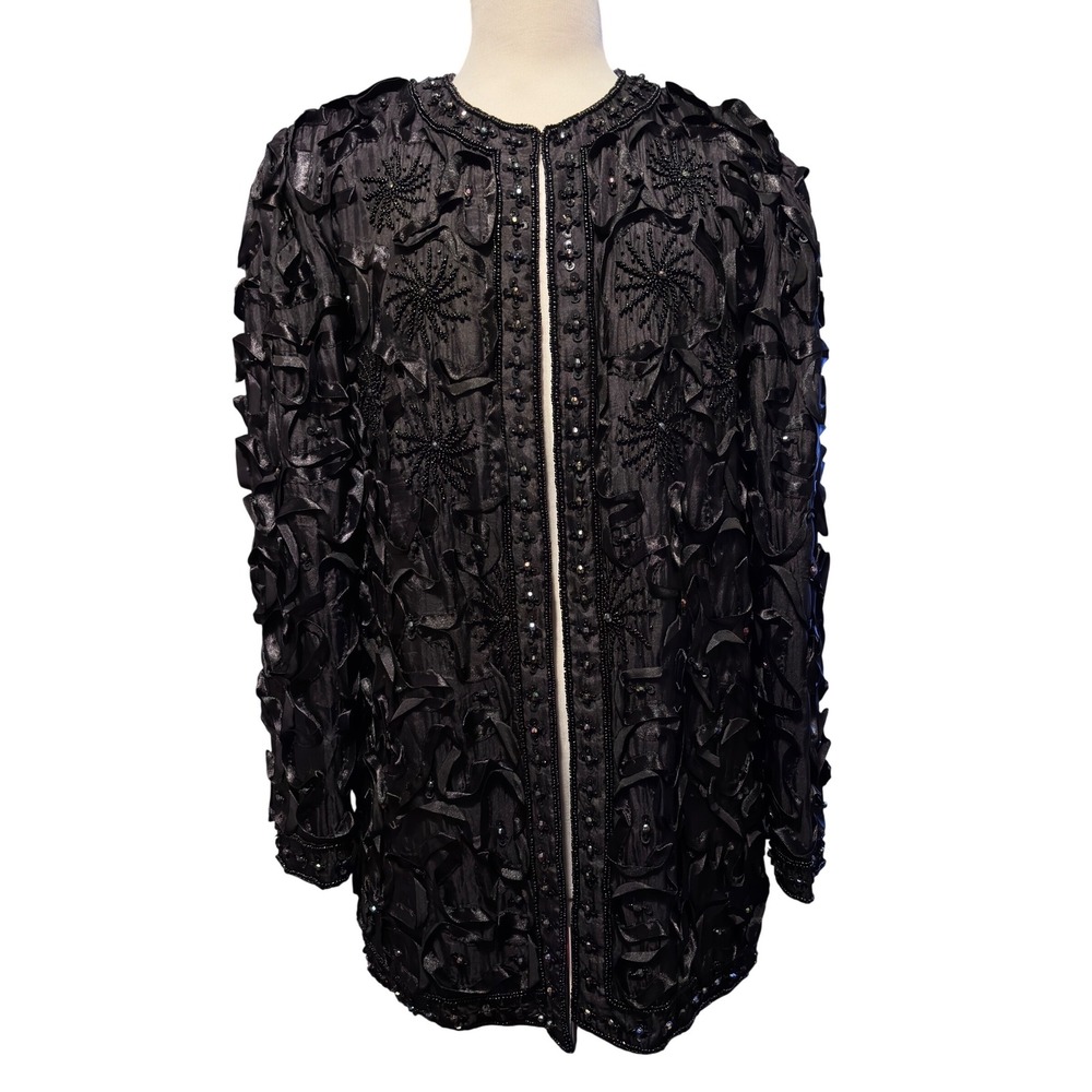 Tan-Chho‎ Exclusive Silk Beaded Ribbon Jacket Women Small Black Vintage Evening